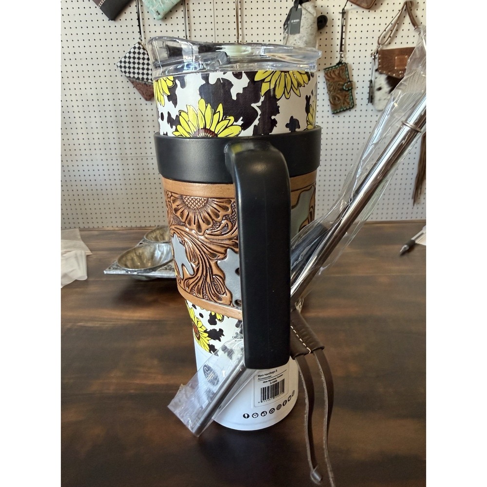 Sunflower Cow Print 40 oz Tumbler with Tooled Leather Wrap & Handle - Picture 3 of 5